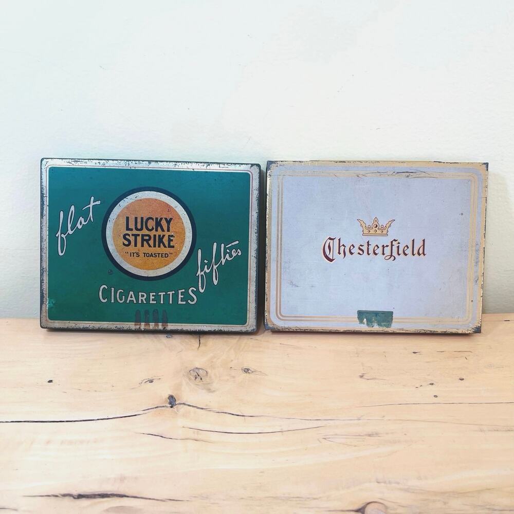 Vtg Tins Green Lucky Strike Chesterfield Cigarette Tobaciana Advertisement